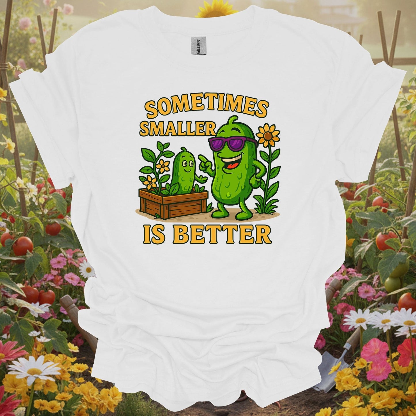 White tee showing sometimes smaller is better funny pickle for garden hobbyists