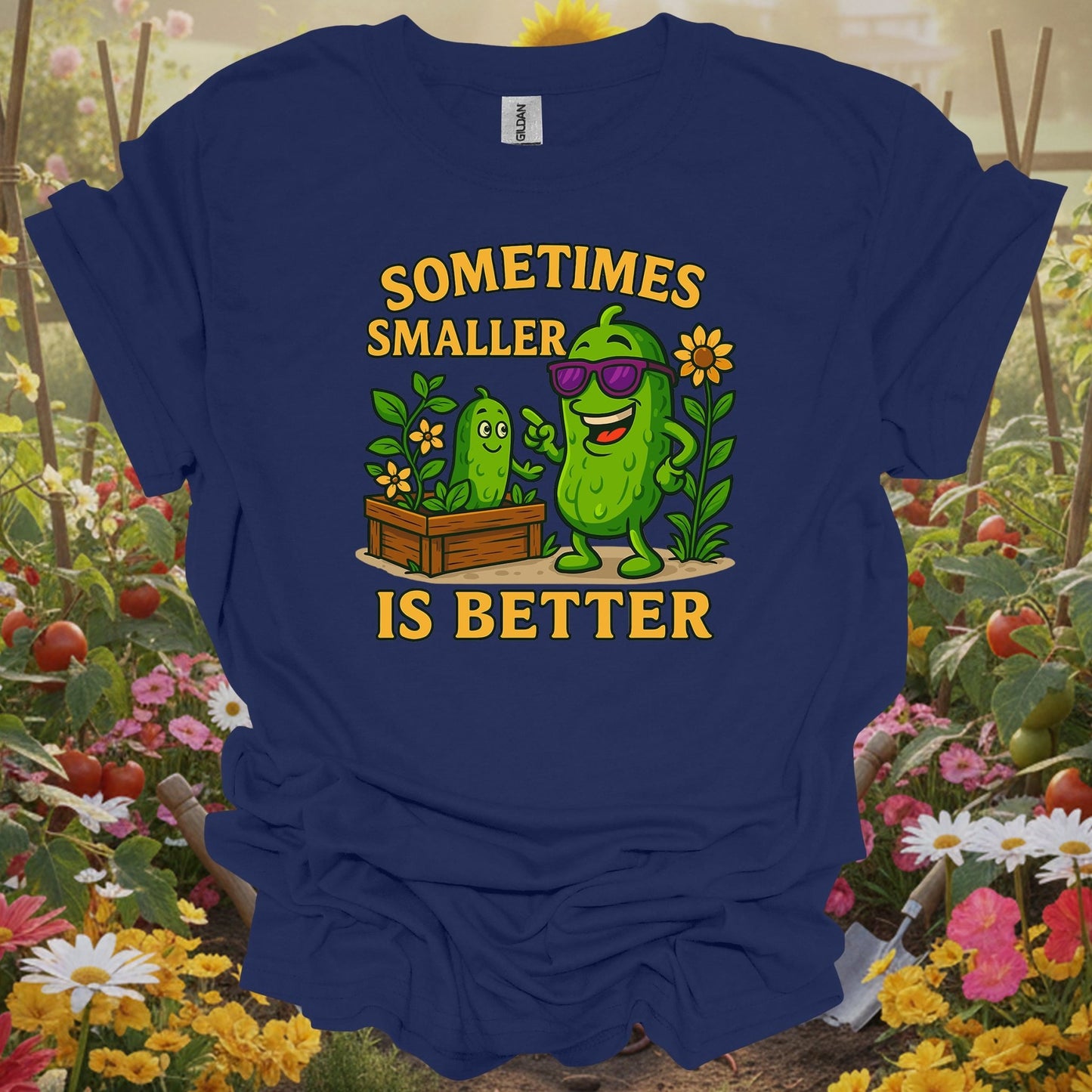 Navy shirt showing sometimes smaller is better funny pickle for home gardeners