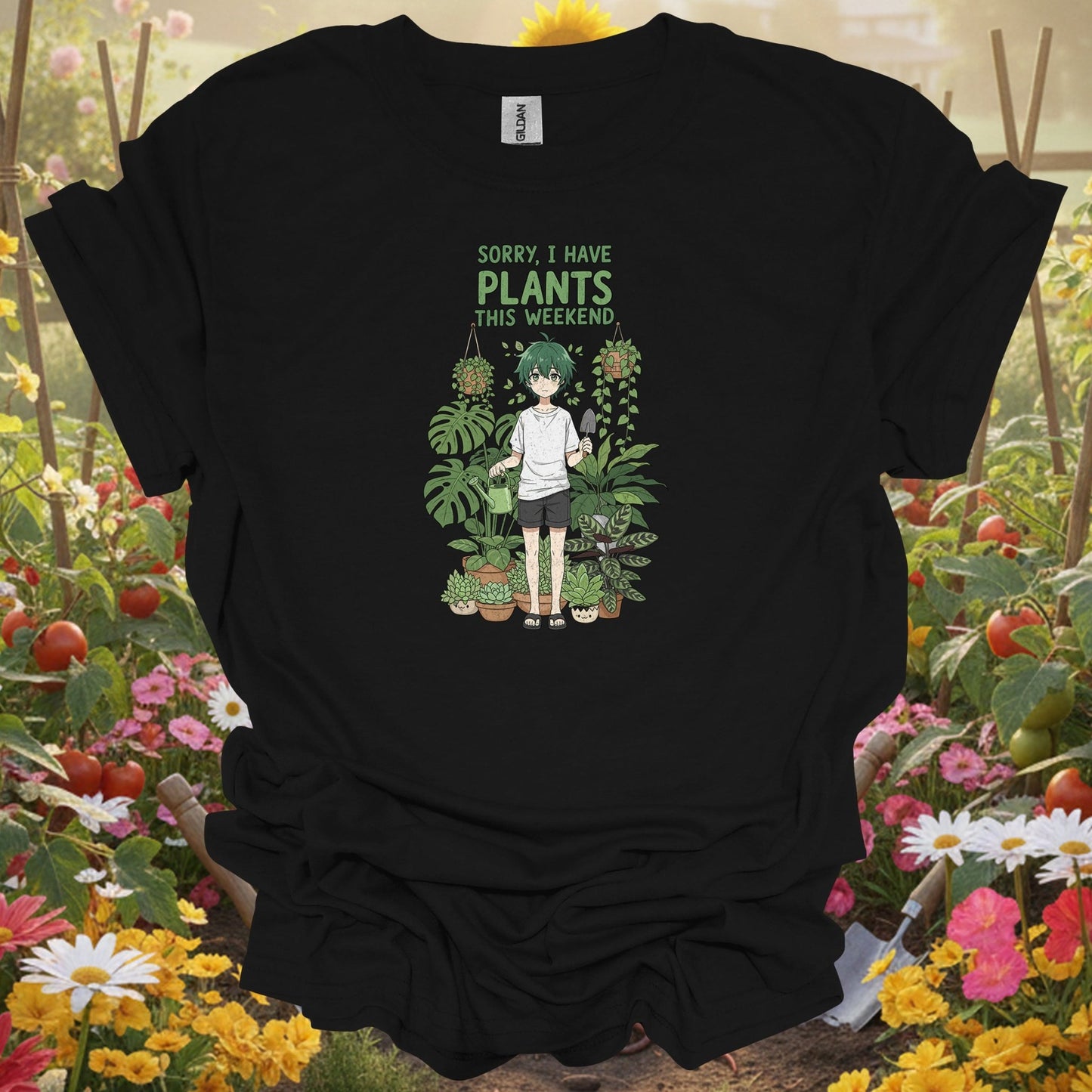 Black shirt showing sorry i have plants anime houseplant for outdoor enthusiasts