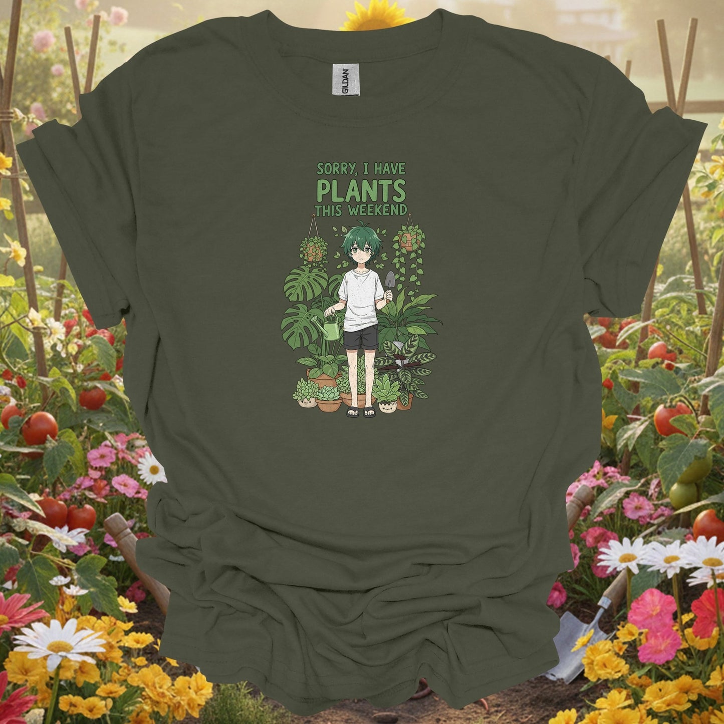 Military Green top showing sorry i have plants anime houseplant for nature lovers