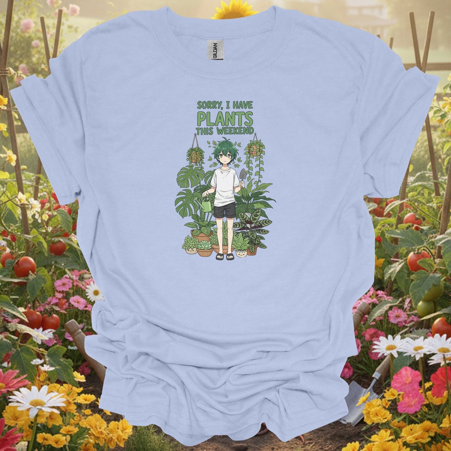 Light Blue shirt showing sorry i have plants anime houseplant for home gardeners