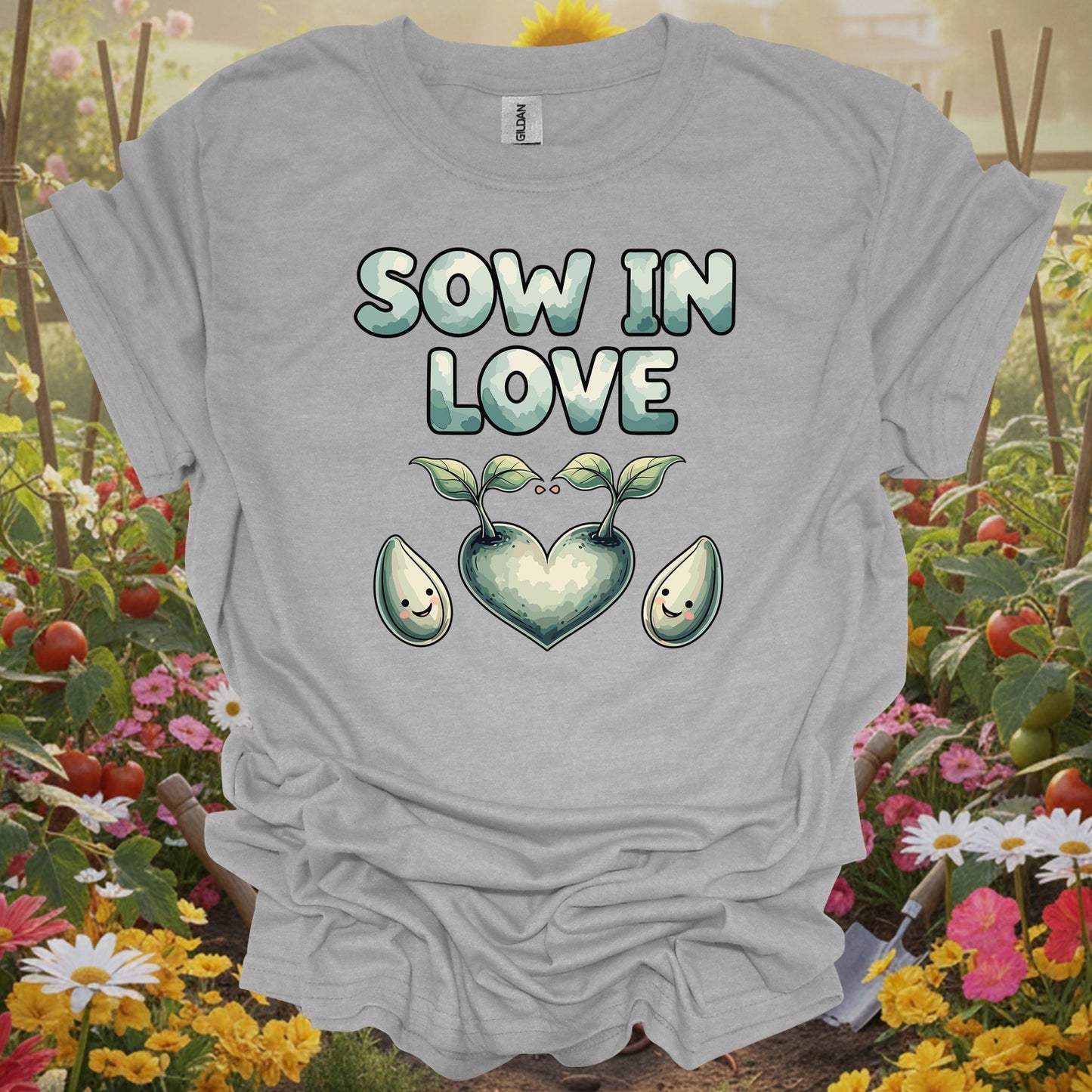 Sport Grey tshirt showing sow in love heart shaped sprout gardening for backyard growers