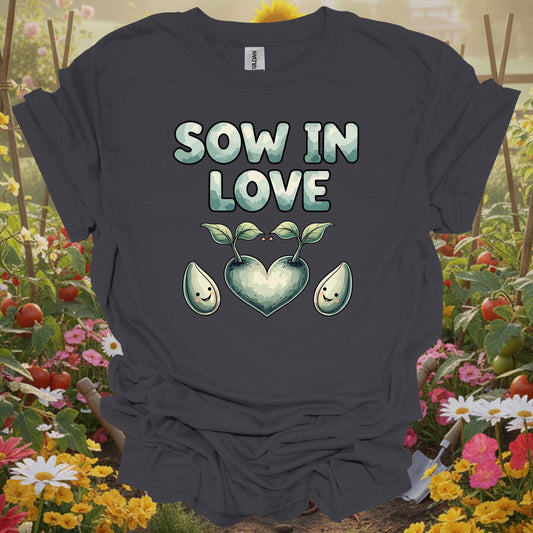 Charcoal tee showing sow in love heart shaped sprout gardening for plant lovers
