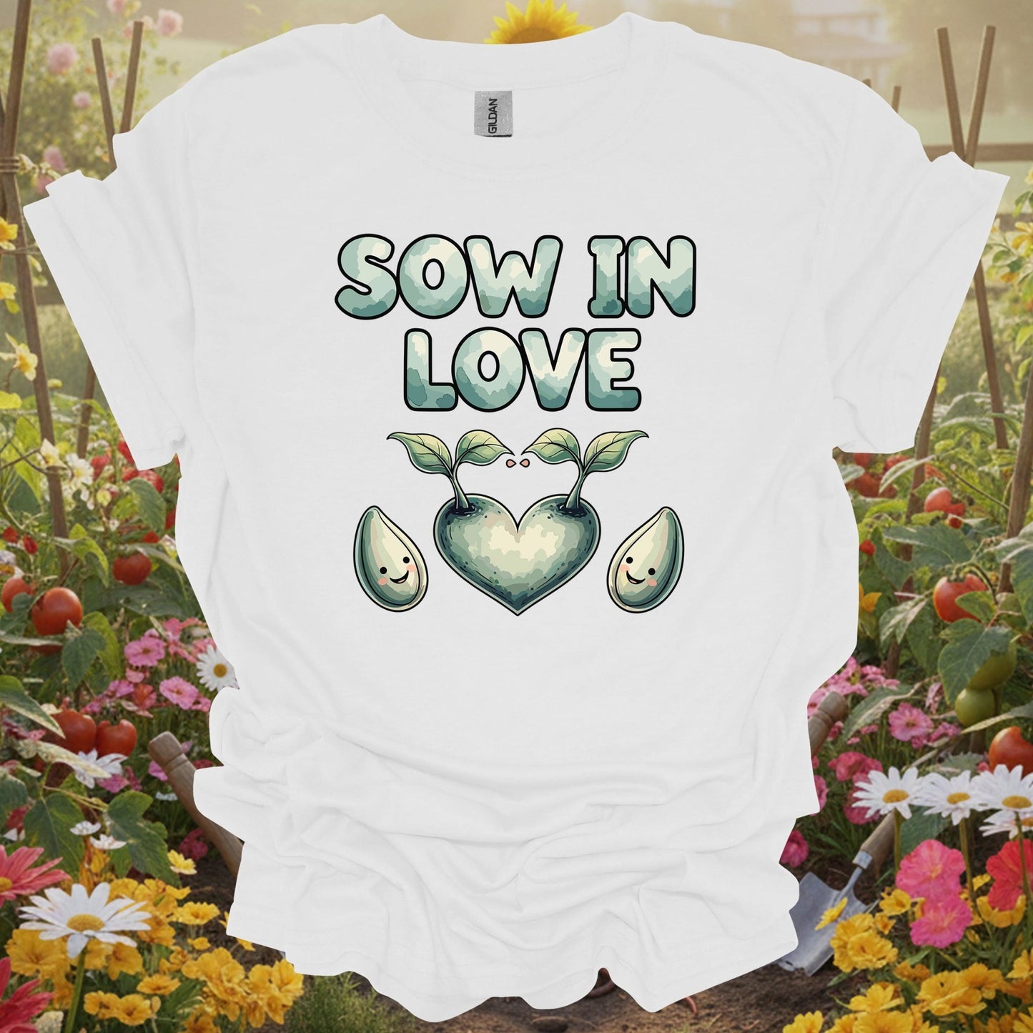 White tee showing sow in love heart shaped sprout gardening for garden hobbyists