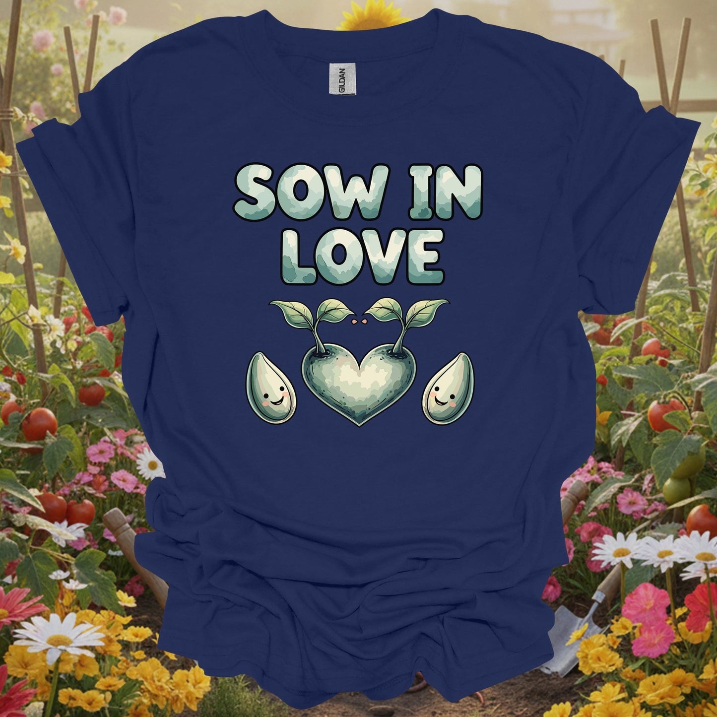Navy shirt showing sow in love heart shaped sprout gardening for home gardeners