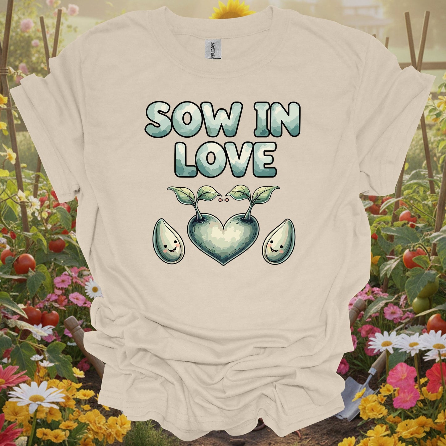 Natural tshirt showing sow in love heart shaped sprout gardening for people who love plants