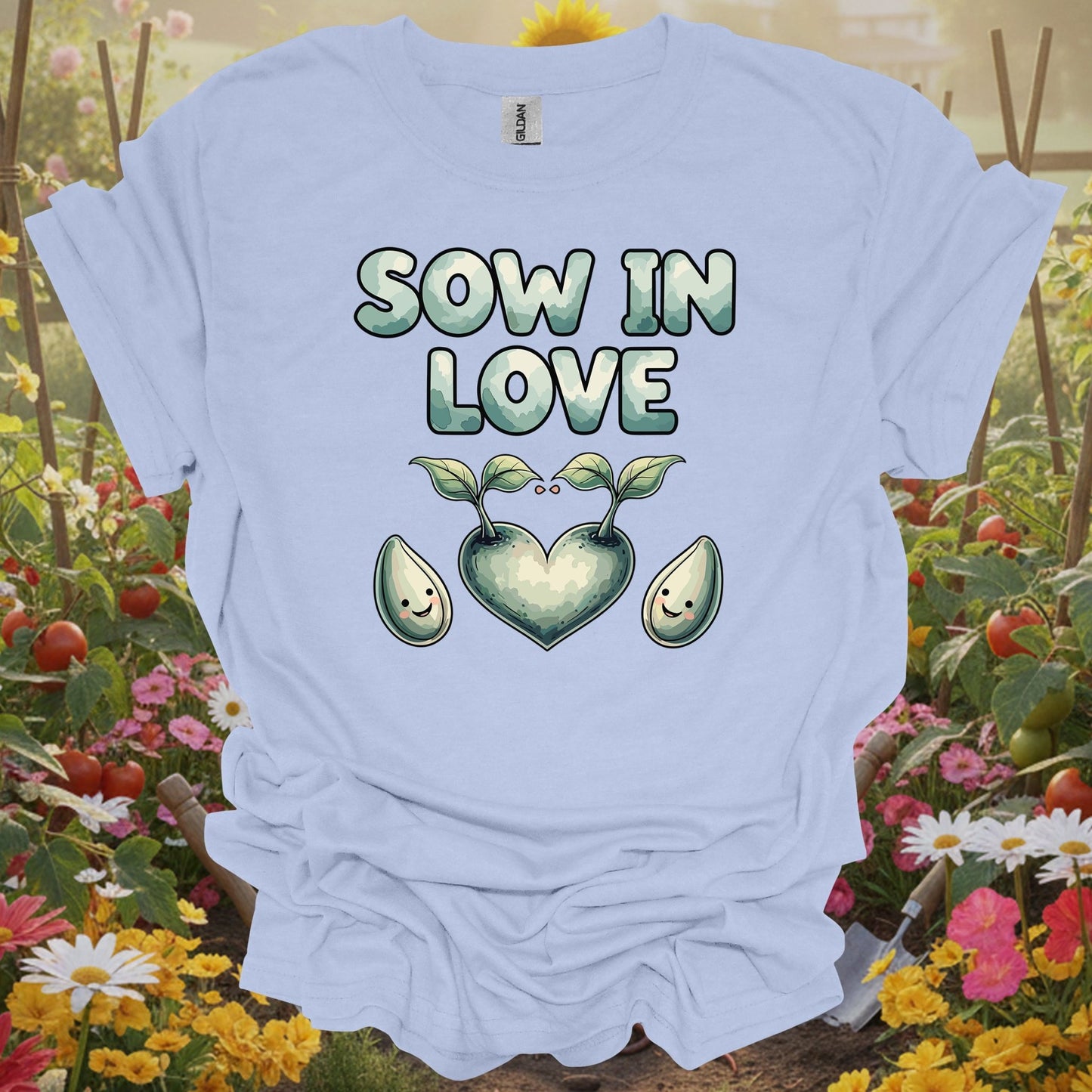 LIght blue  tshirt showing sow in love heart shaped sprout gardening for gardening enthusiasts
