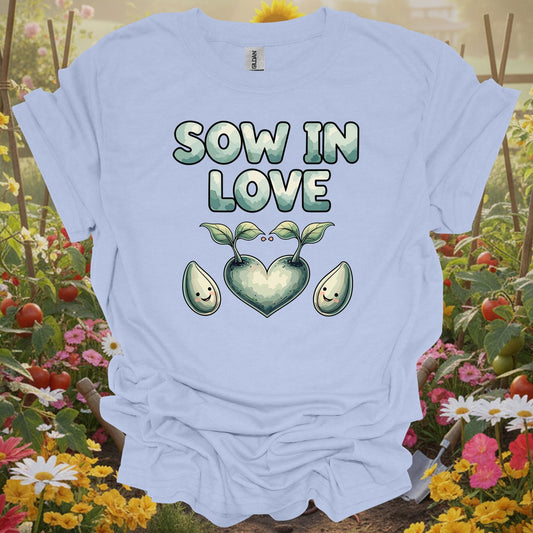 LIght blue  tshirt showing sow in love heart shaped sprout gardening for gardening enthusiasts