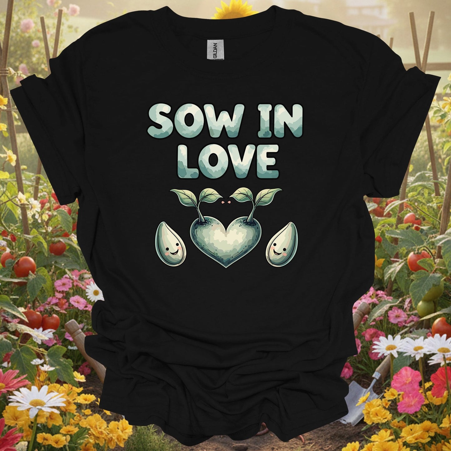 Black shirt showing sow in love heart shaped sprout gardening for outdoor enthusiasts