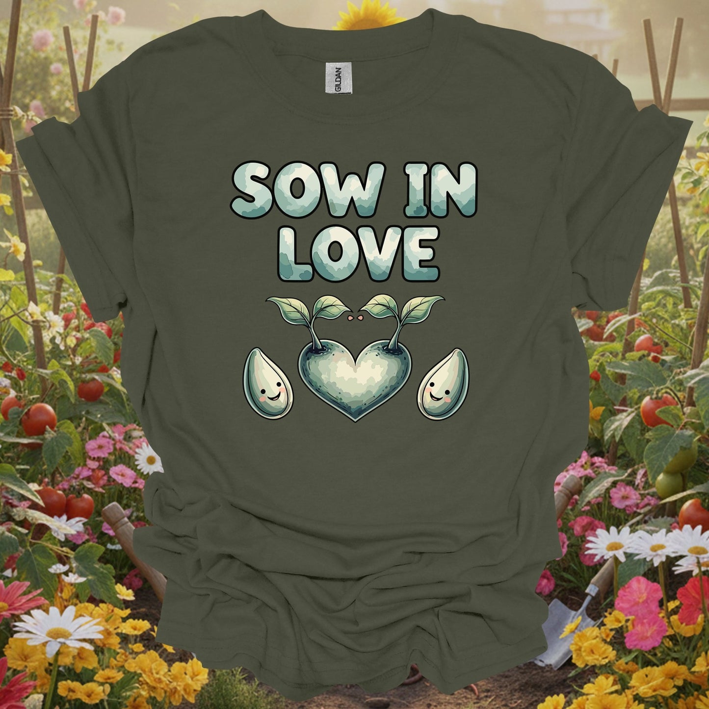 Military Green top showing sow in love heart shaped sprout gardening for nature lovers