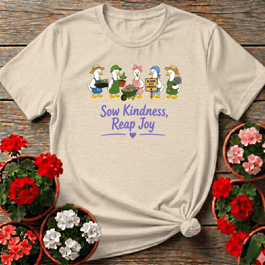 Natural soft kawaii cottagecore gardening shirt with duck illustration and flowing lavender kindness script
