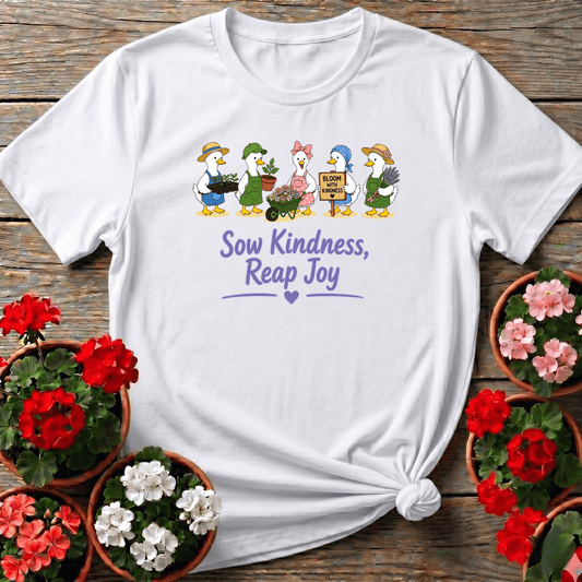 White storybook whimsical gardening shirt with cartoon ducks and lavender script for cottagecore gardeners