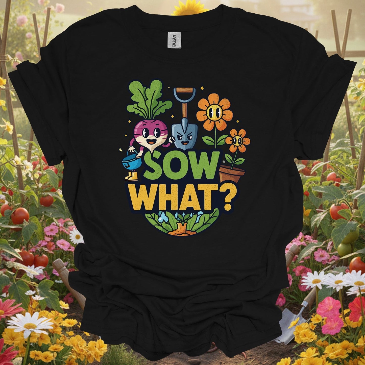 "Sow What?" Funny Cartoon Vegetable T-Shirt - GardeningTshirts