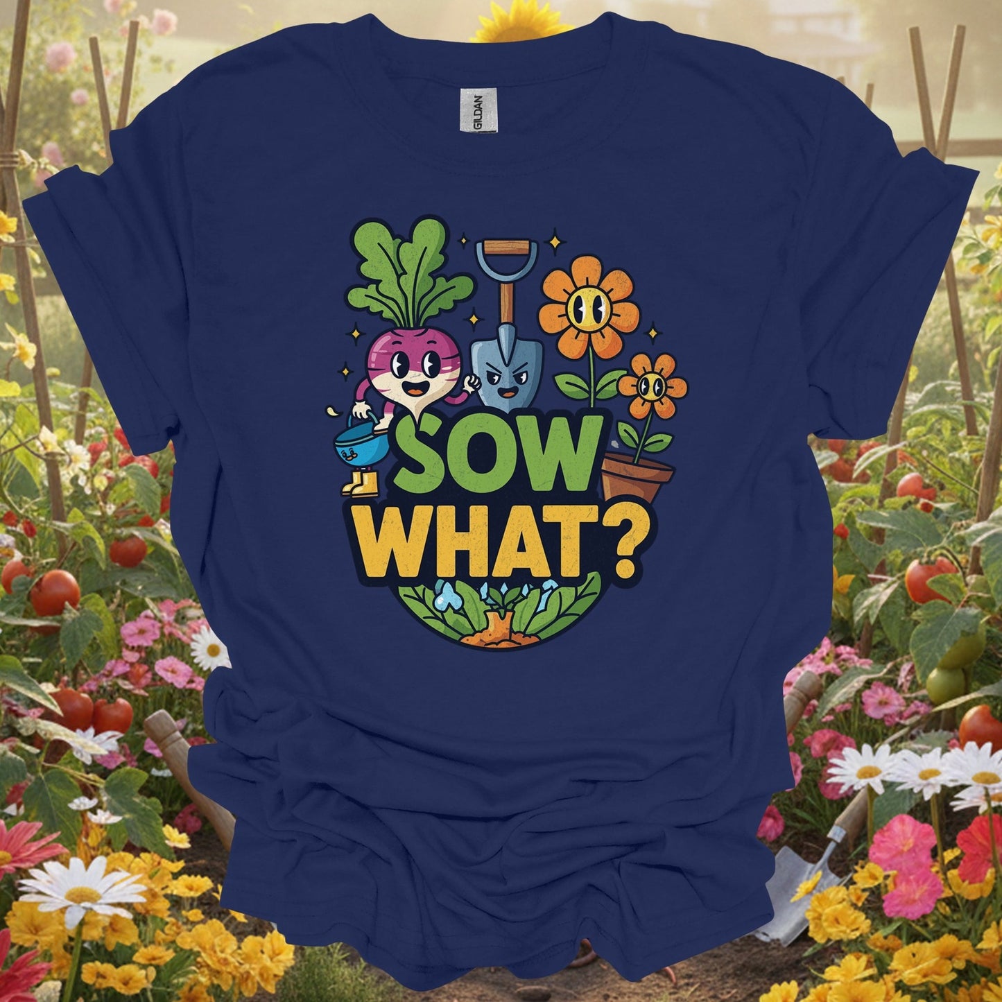 "Sow What?" Funny Cartoon Vegetable T-Shirt - GardeningTshirts