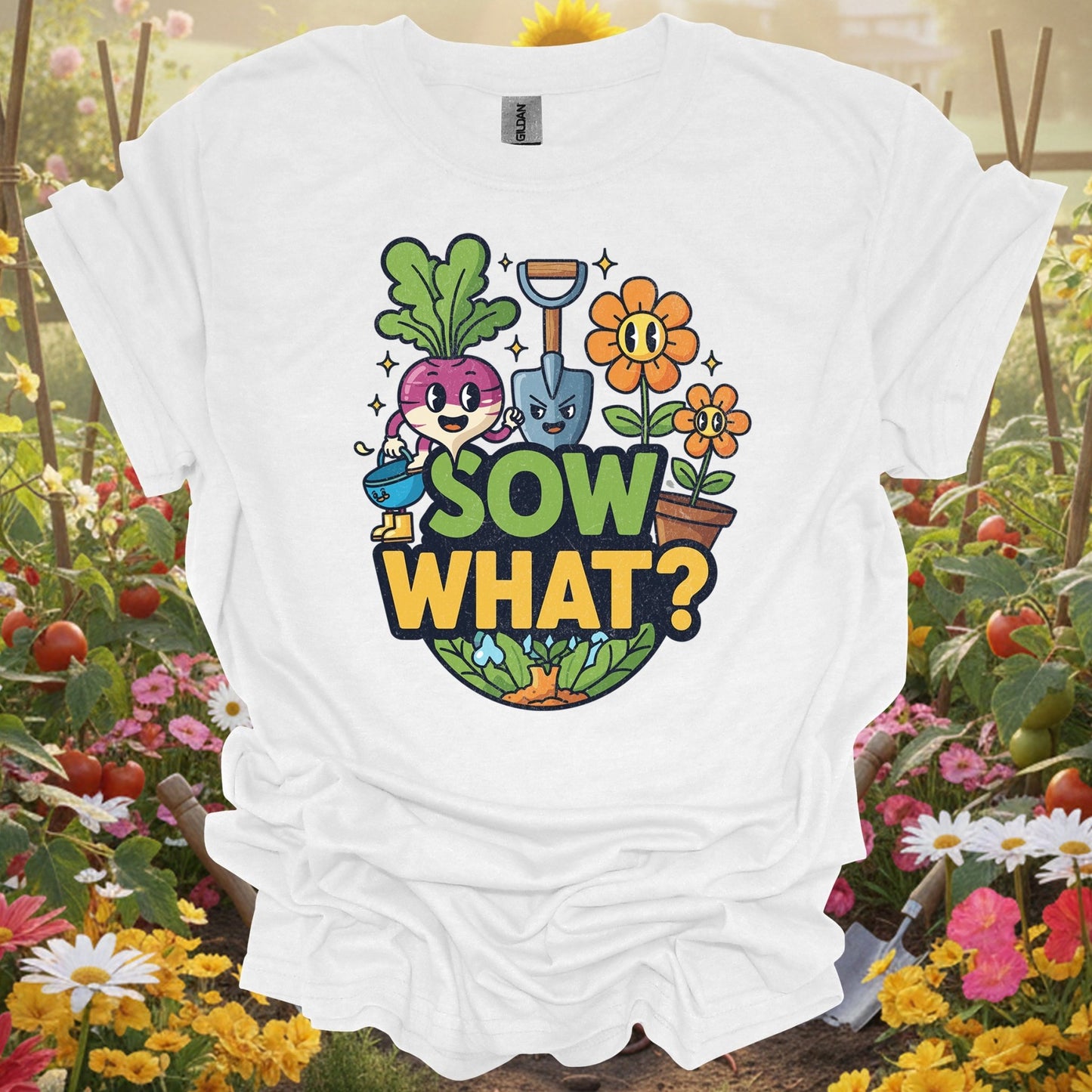 "Sow What?" Funny Cartoon Vegetable T-Shirt - GardeningTshirts
