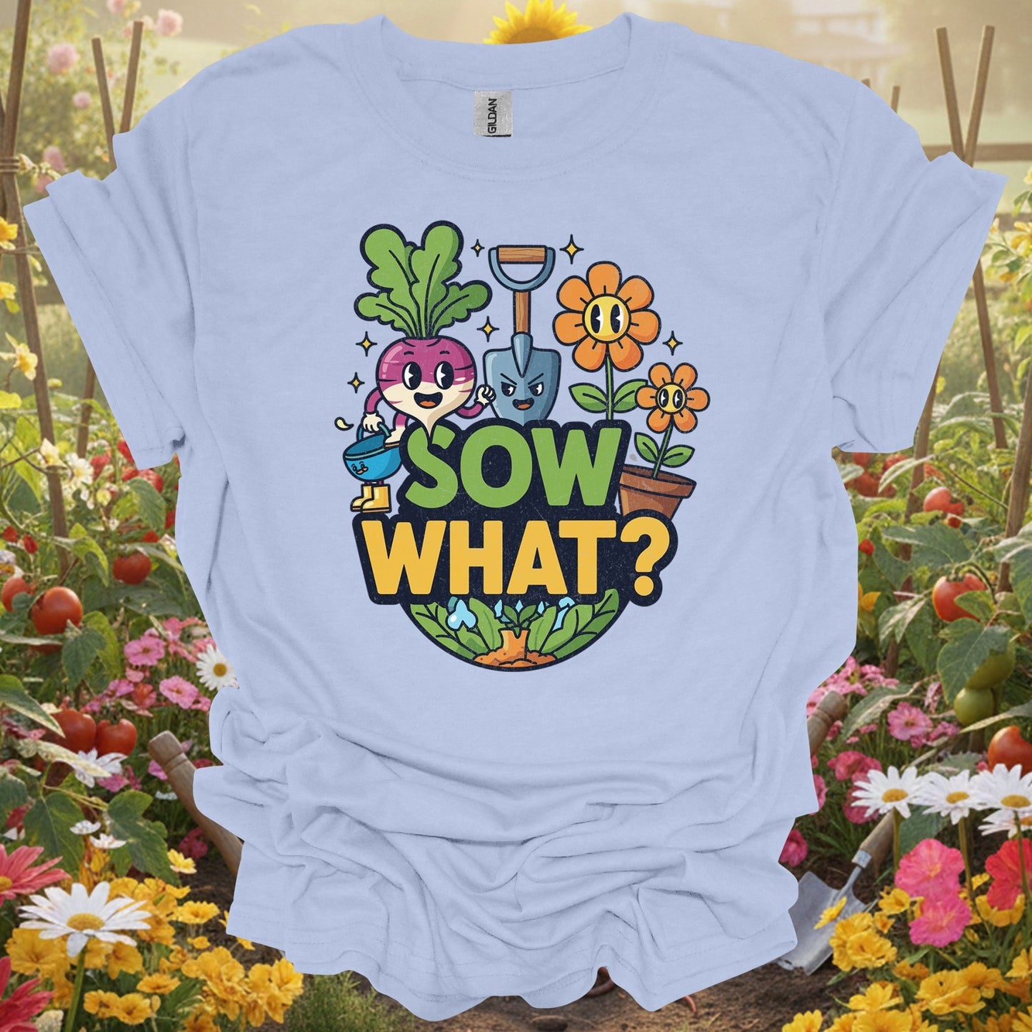 "Sow What?" Funny Cartoon Vegetable T-Shirt - GardeningTshirts