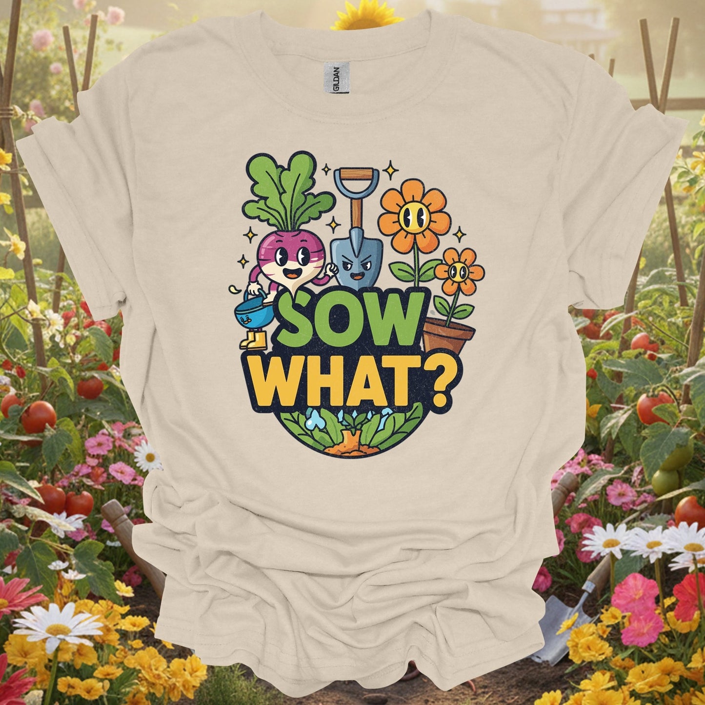 "Sow What?" Funny Cartoon Vegetable T-Shirt - GardeningTshirts