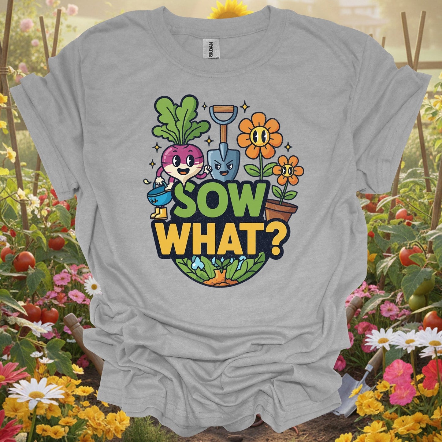 "Sow What?" Funny Cartoon Vegetable T-Shirt - GardeningTshirts