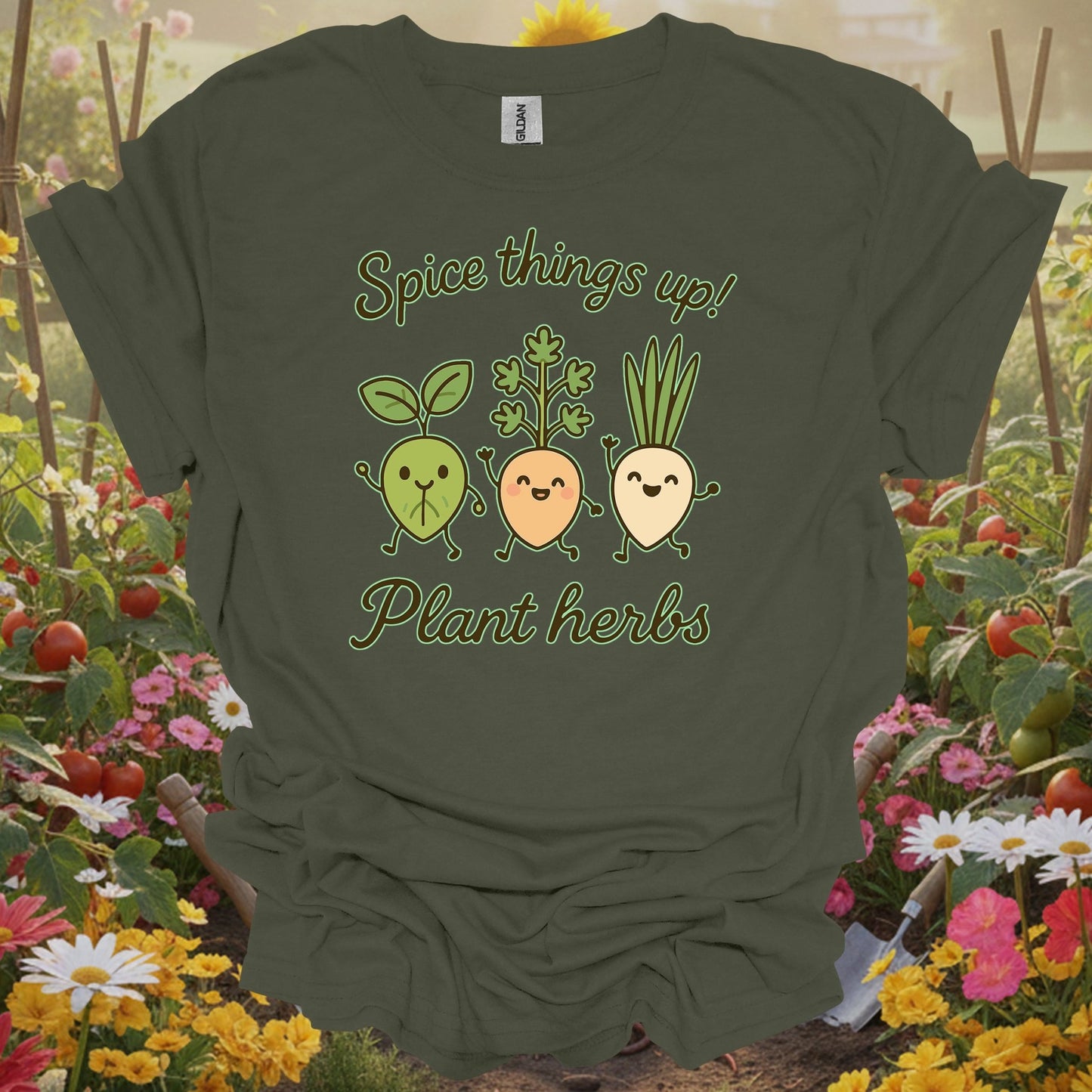 Military Green top showing cute dancing herb characters spicing things up for happy herb growers