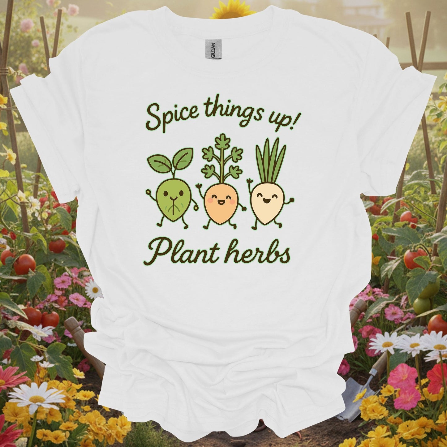 White tee showing cute dancing herb characters spicing things up for spice enthusiasts