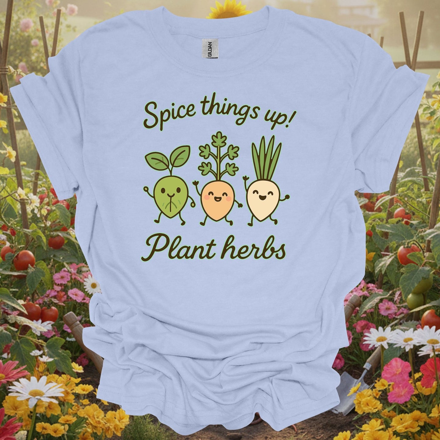 Light Blue tshirt showing cute dancing herb characters spicing things up for herb gardeners