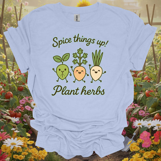 Light Blue tshirt showing cute dancing herb characters spicing things up for herb gardeners