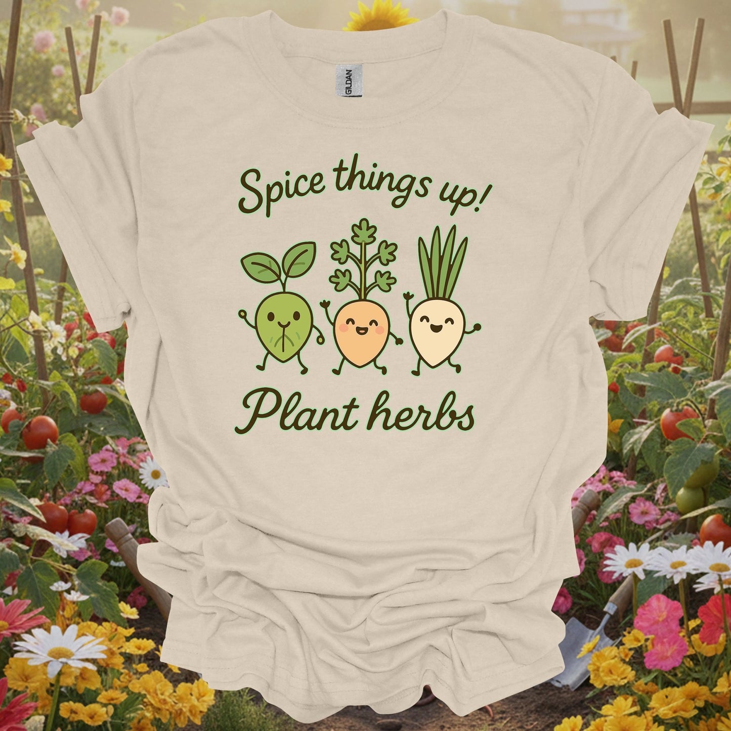 Natural tshirt showing cute dancing herb characters spicing things up for people adding flavor to life