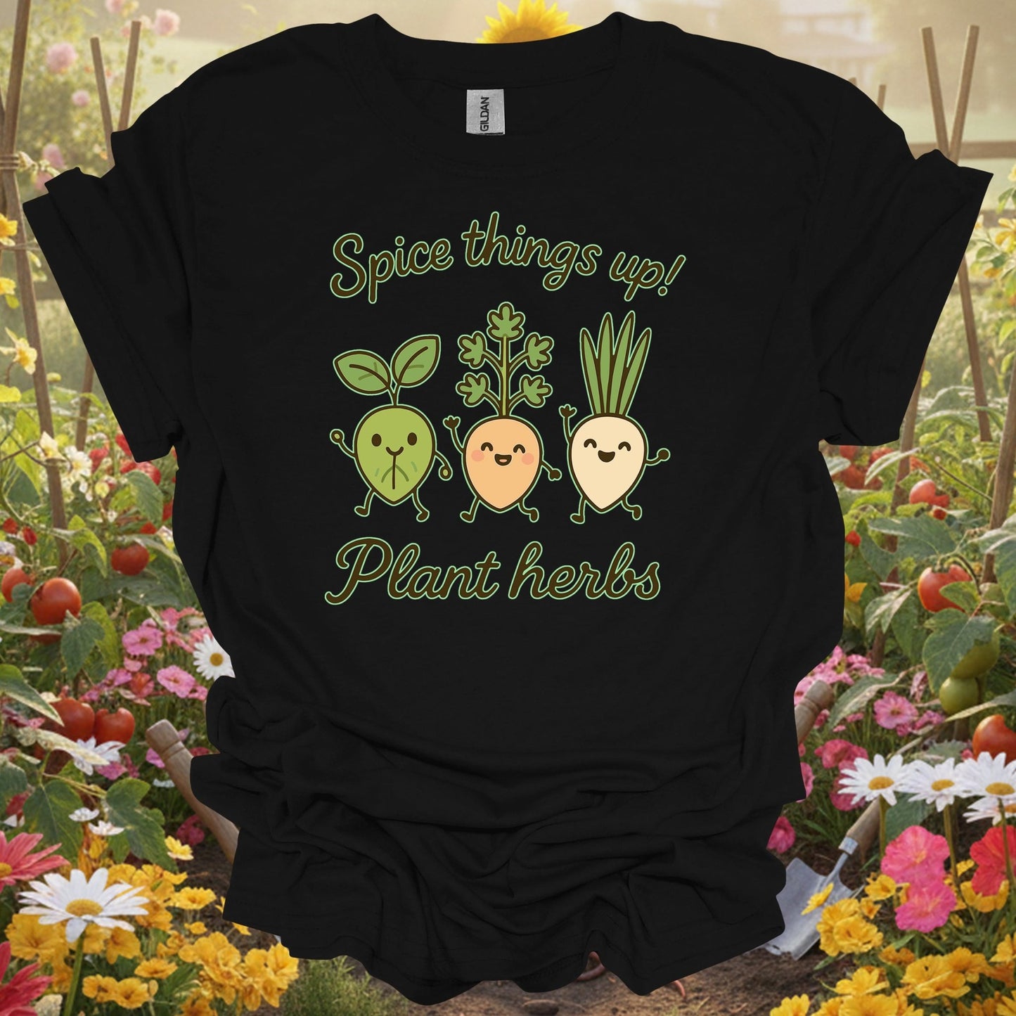 Black shirt showing cute dancing herb characters spicing things up for culinary gardeners