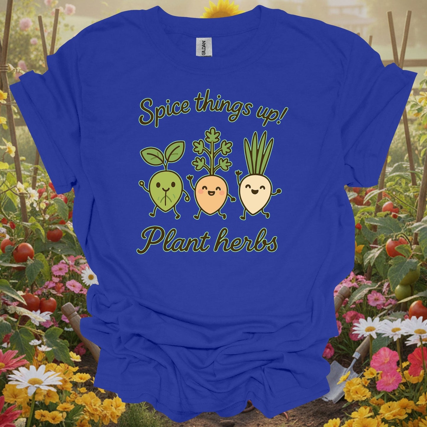 Royal top showing cute dancing herb characters spicing things up for folks who cook with herbs