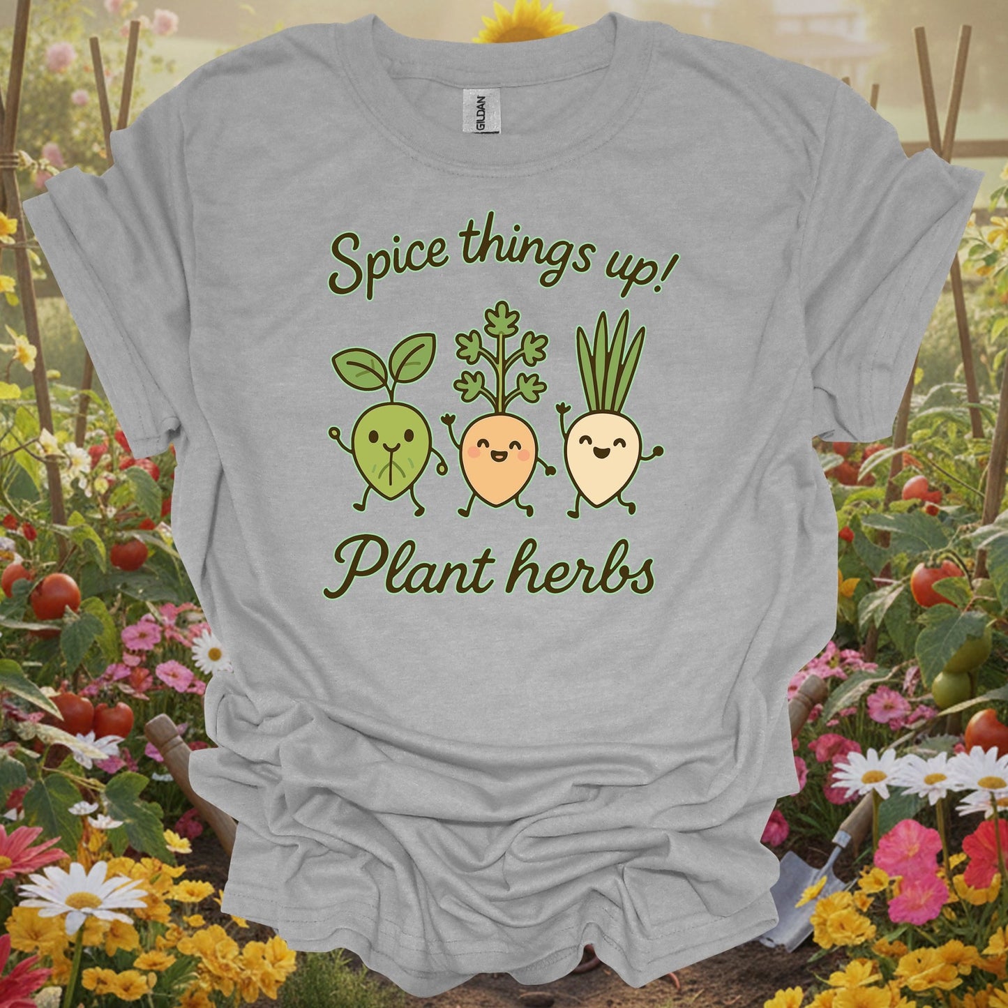 Sport Grey tshirt showing cute dancing herb characters spicing things up for animated design fans