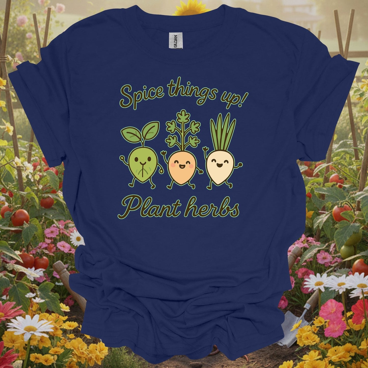 Navy shirt showing cute dancing herb characters spicing things up for kitchen garden keepers
