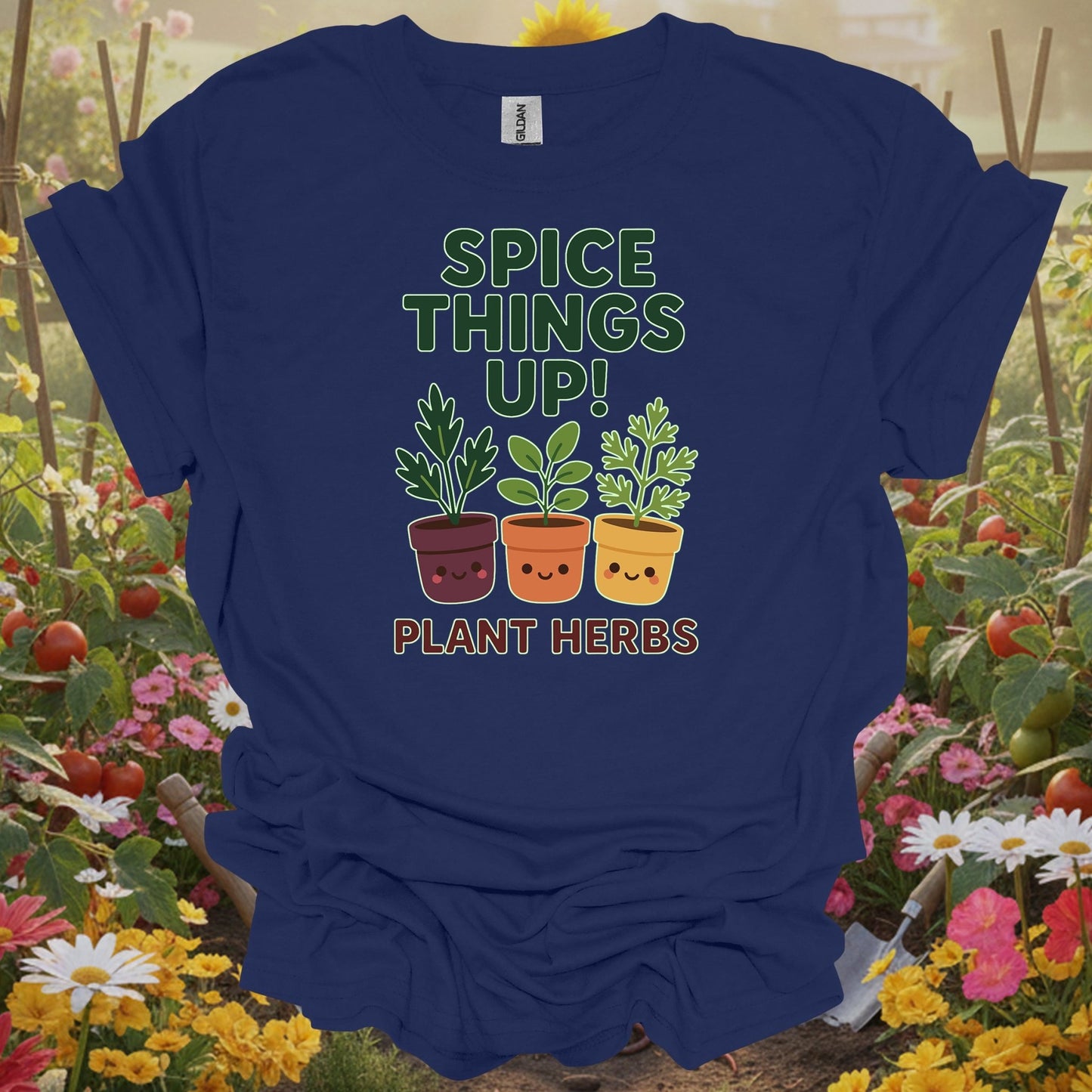 Navy shirt showing cute potted herbs ready to spice things up for people who cook with herbs