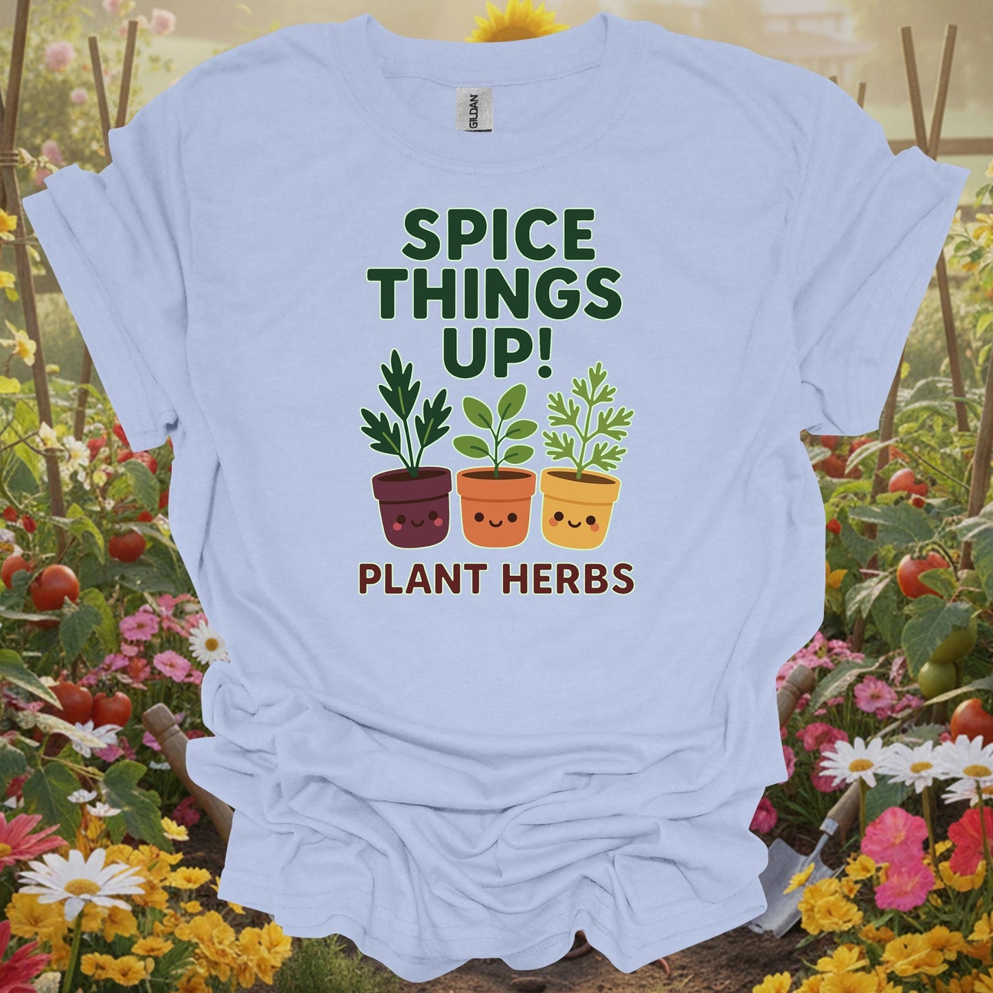Light Blue tshirt showing cute potted herbs ready to spice things up for herb gardeners