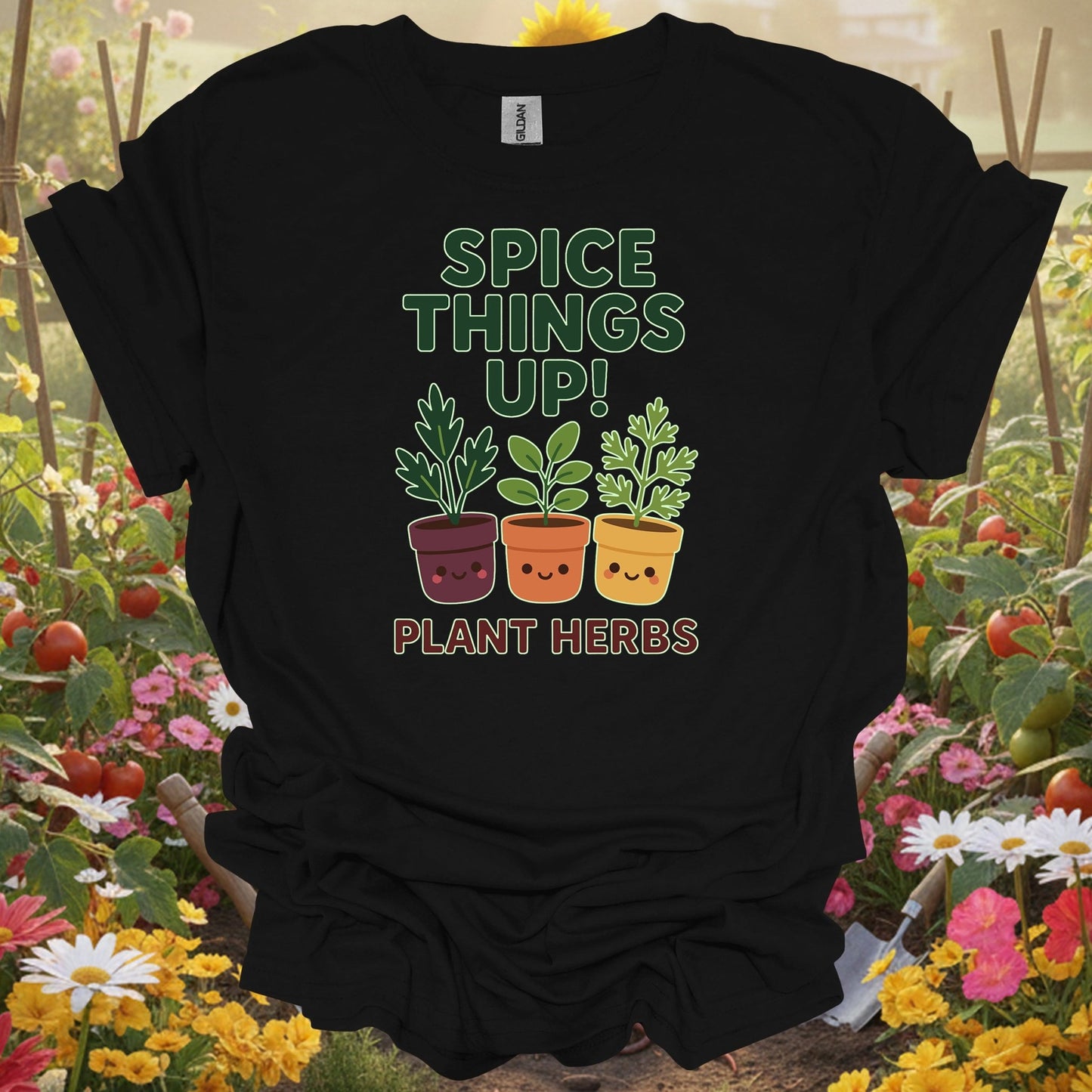 Black shirt showing cute potted herbs ready to spice things up for home chefs who garden