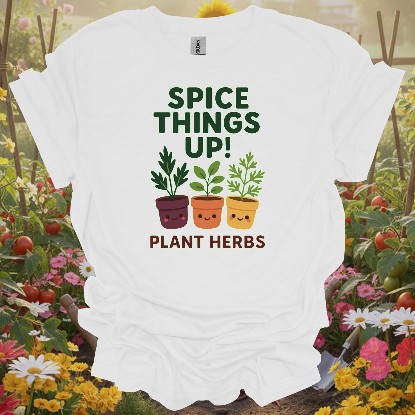White tee showing cute potted herbs ready to spice things up for folks adding flavor to life