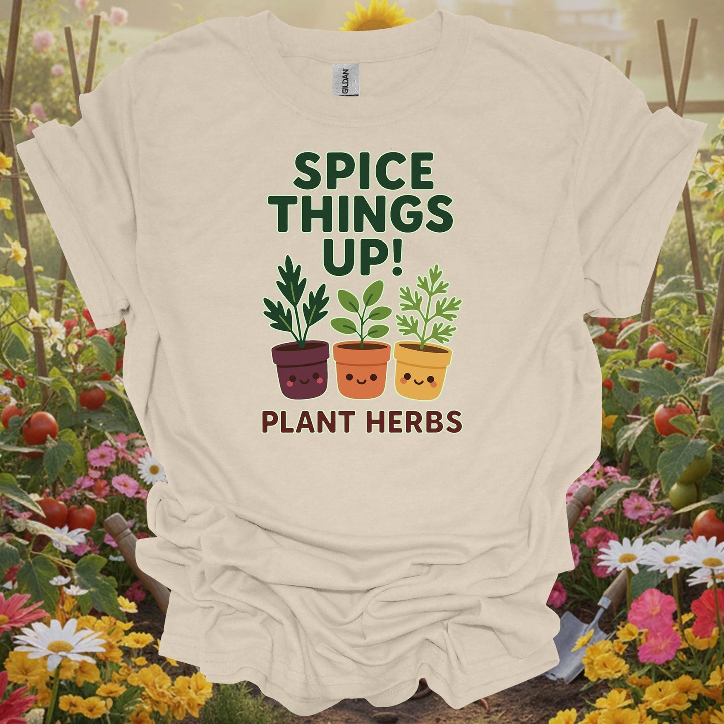 Natural tshirt showing cute potted herbs ready to spice things up for people growing seasonings