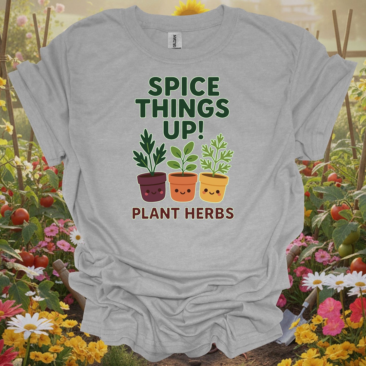 Sport Grey tshirt showing cute potted herbs ready to spice things up for windowsill gardeners