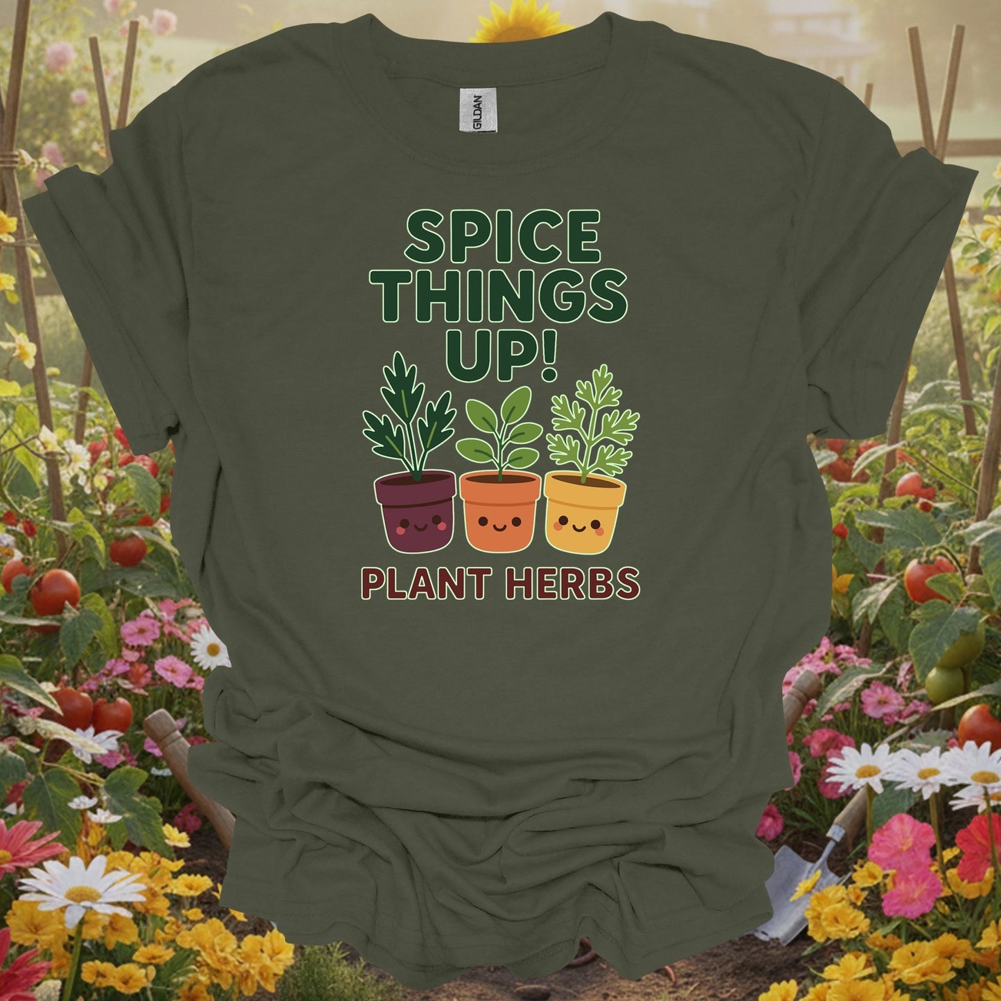 Military Green top showing cute potted herbs ready to spice things up for spice lovers
