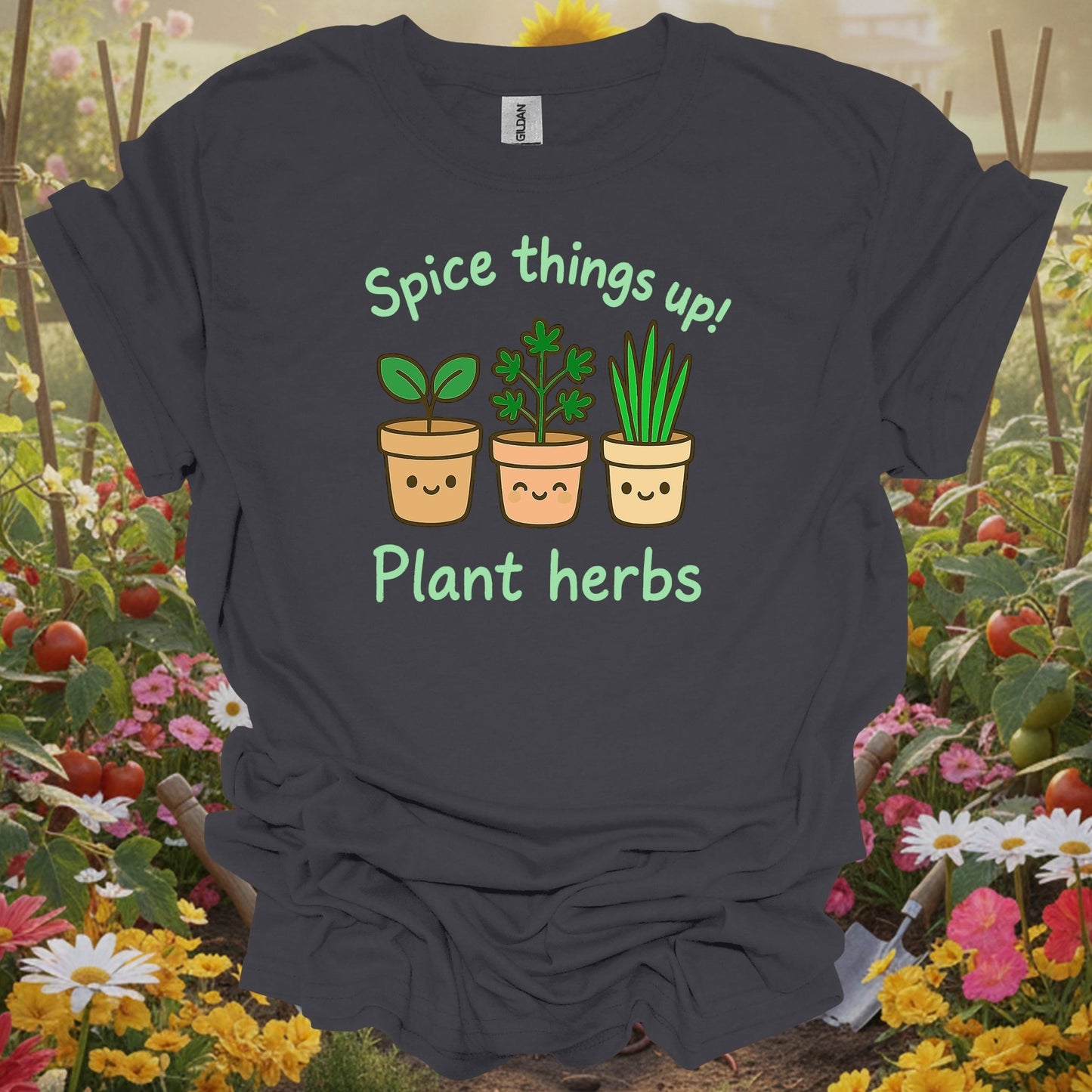 Charcoal tshirt showing a cast of charming, smiling herbs that are ready to bring some joy to your backyard or sunroom for vloggers filming garden tours