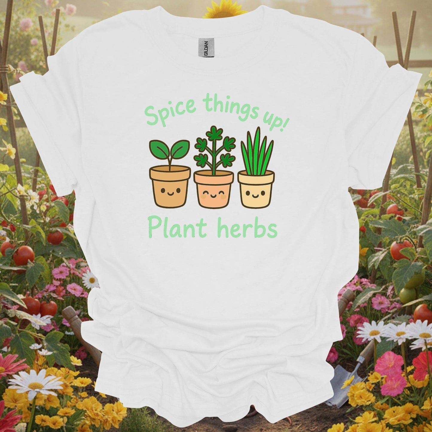 white tshirt showing a cast of charming, smiling herbs that are ready to bring some joy to your backyard or sunroom for vloggers filming garden tours