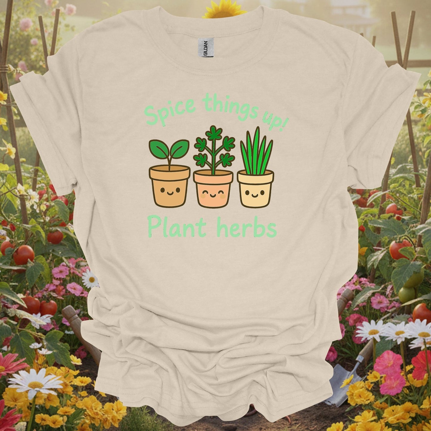Natuaral tshirt showing a cast of charming, smiling herbs that are ready to bring some joy to your backyard or sunroom for vloggers filming garden tours
