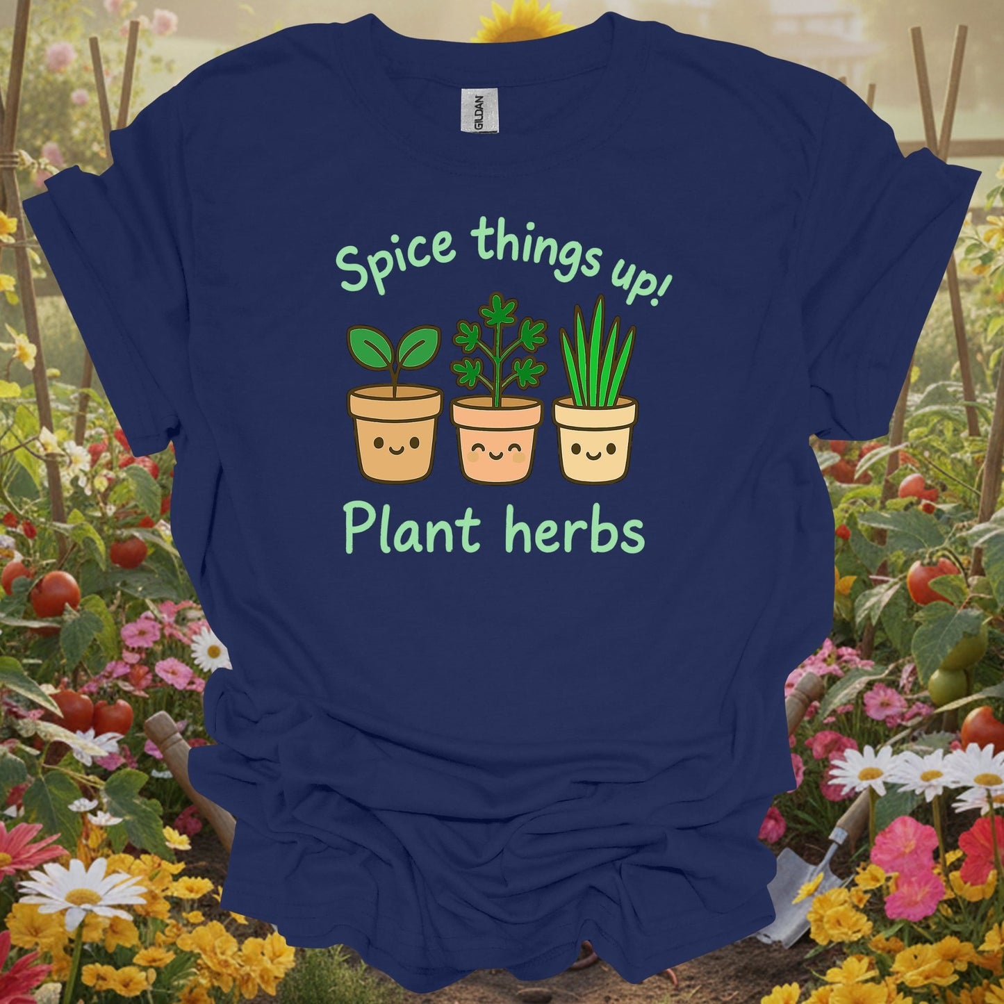 Navy tshirt showing a cast of charming, smiling herbs that are ready to bring some joy to your backyard or sunroom for vloggers filming garden tours