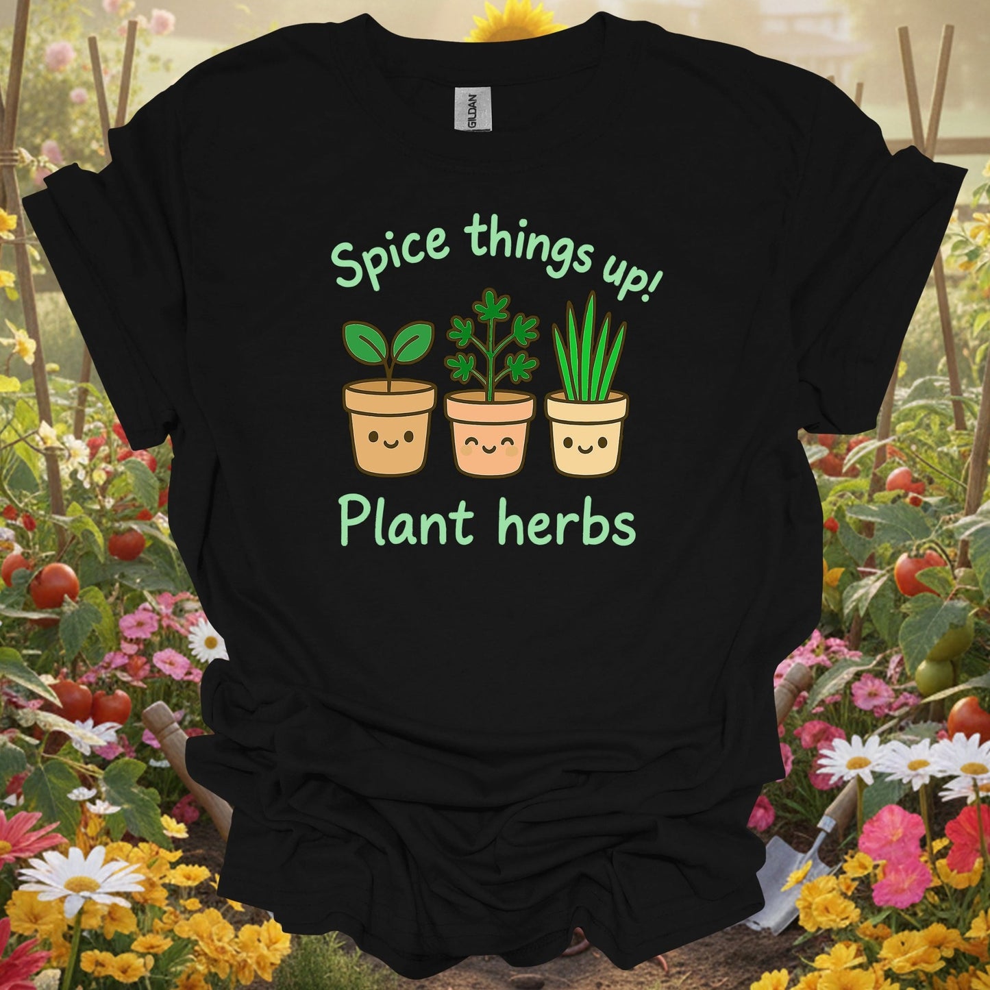 Black tshirt showing a cast of charming, smiling herbs that are ready to bring some joy to your backyard or sunroom for vloggers filming garden tours