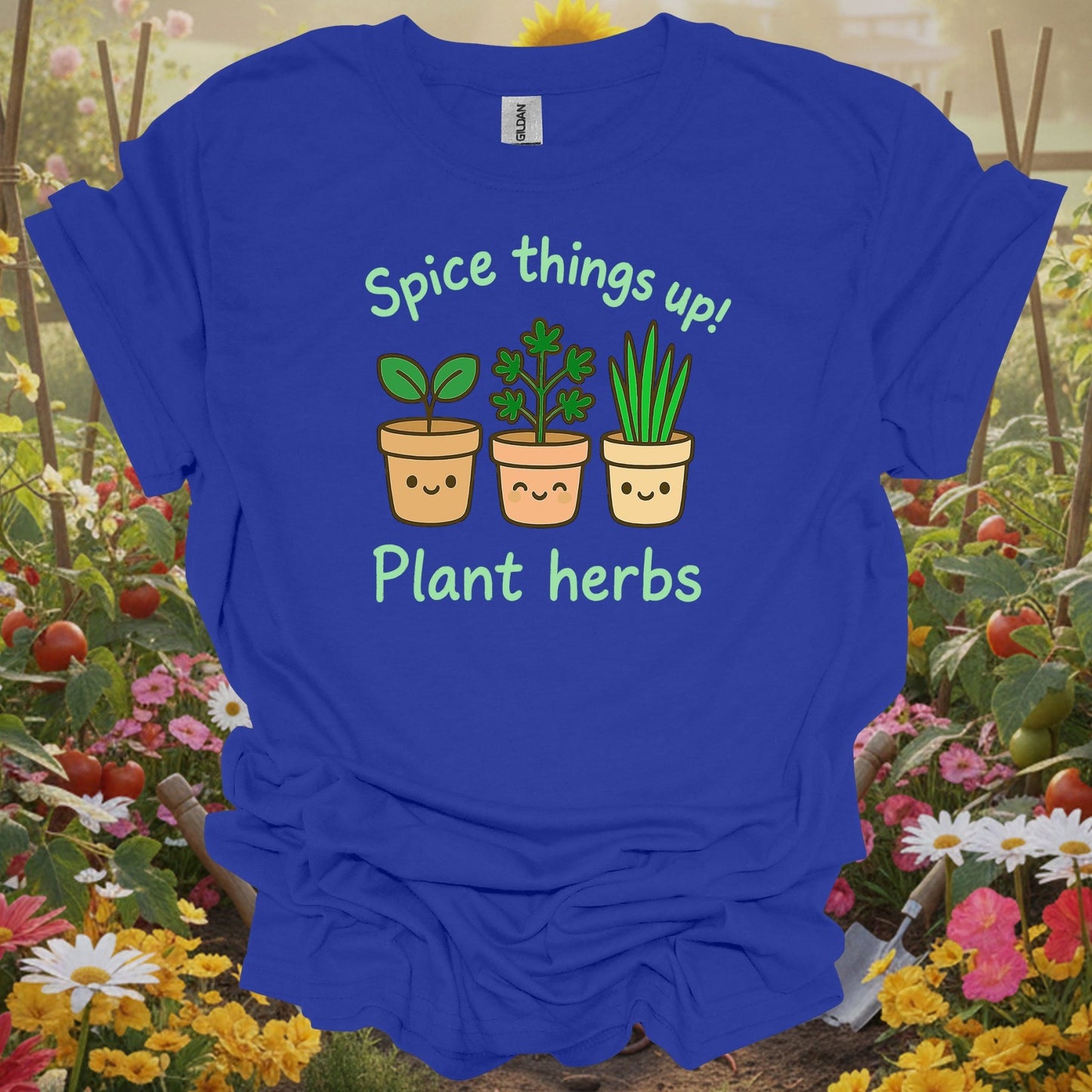 Royal tshirt showing a cast of charming, smiling herbs that are ready to bring some joy to your backyard or sunroom for vloggers filming garden tours