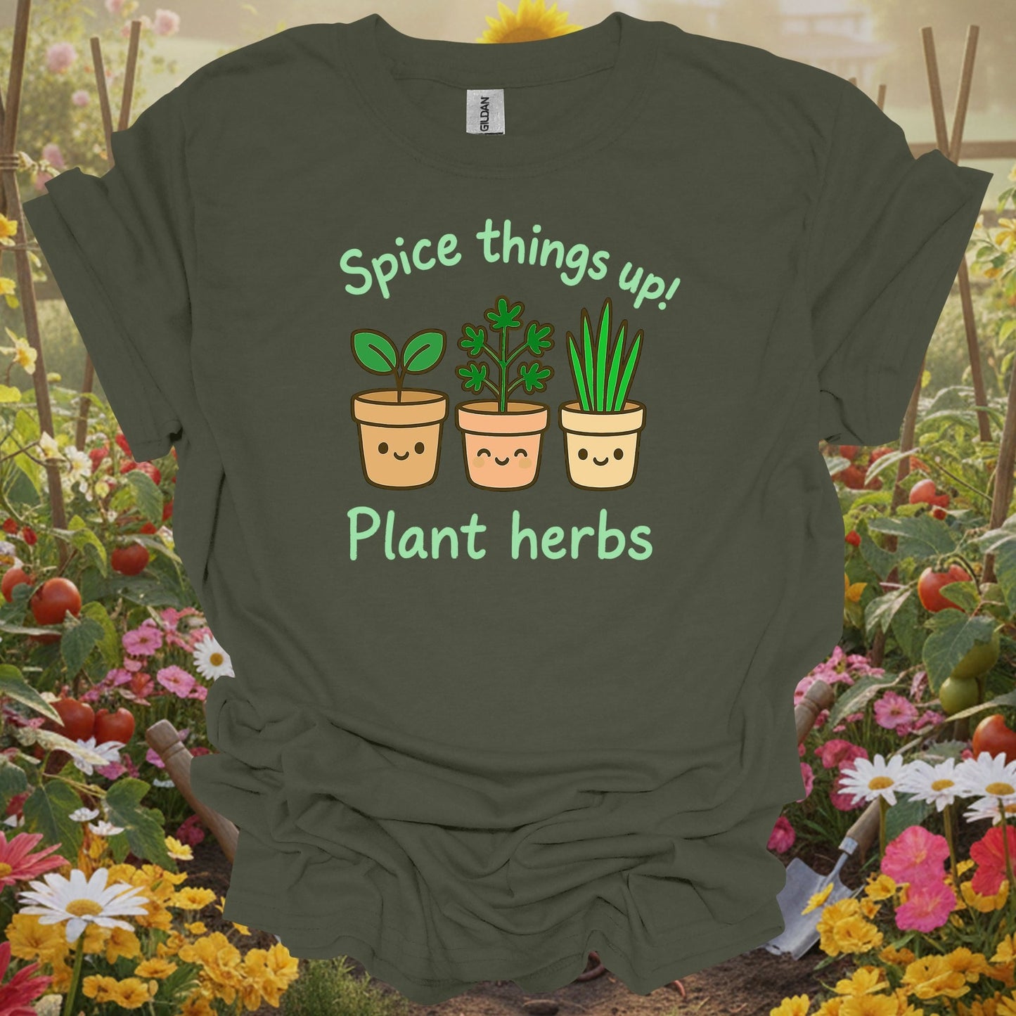 Military green tshirt showing a cast of charming, smiling herbs that are ready to bring some joy to your backyard or sunroom for vloggers filming garden tours