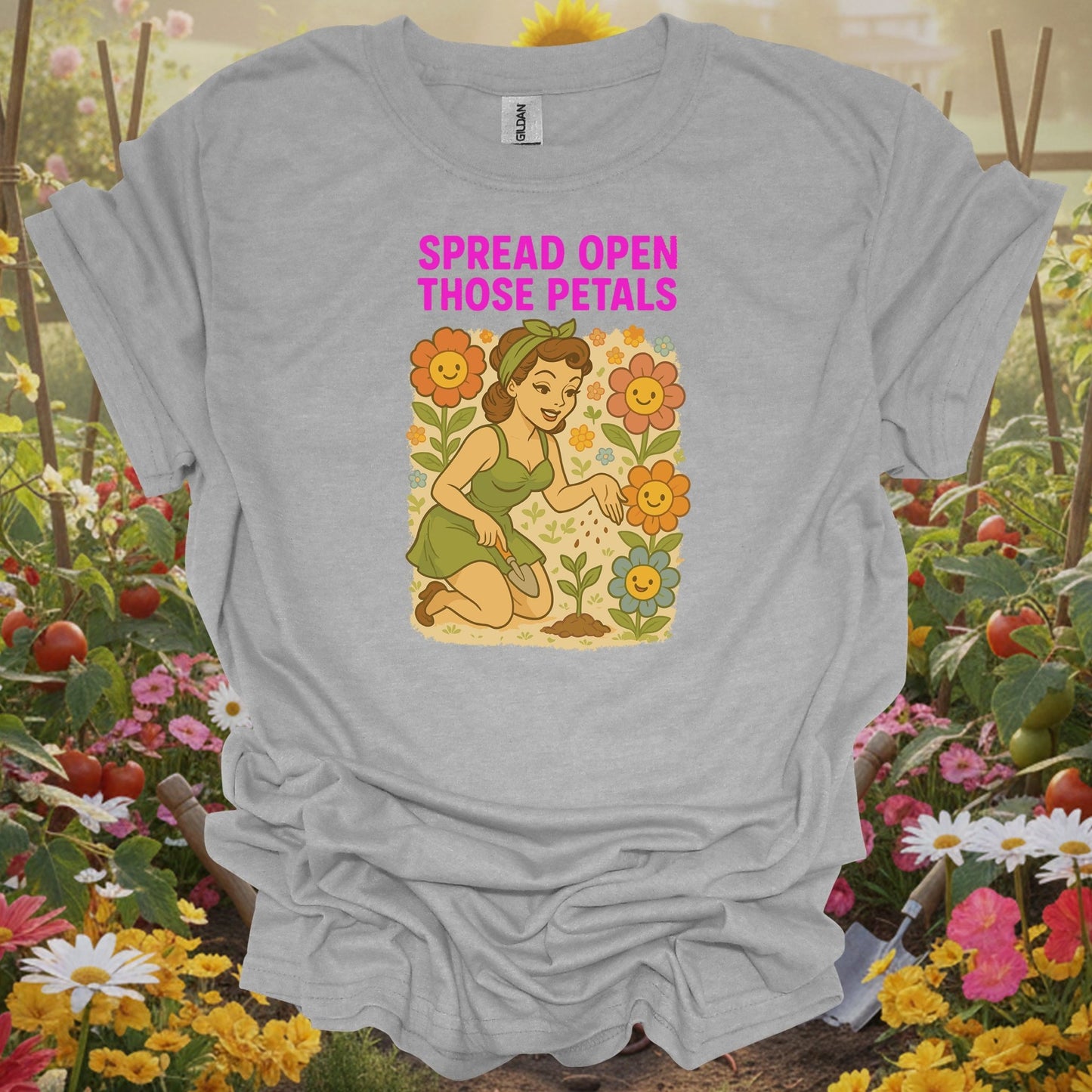 Spread Open Those Petals Vintage Pin - Up T-Shirt - GardeningTshirts