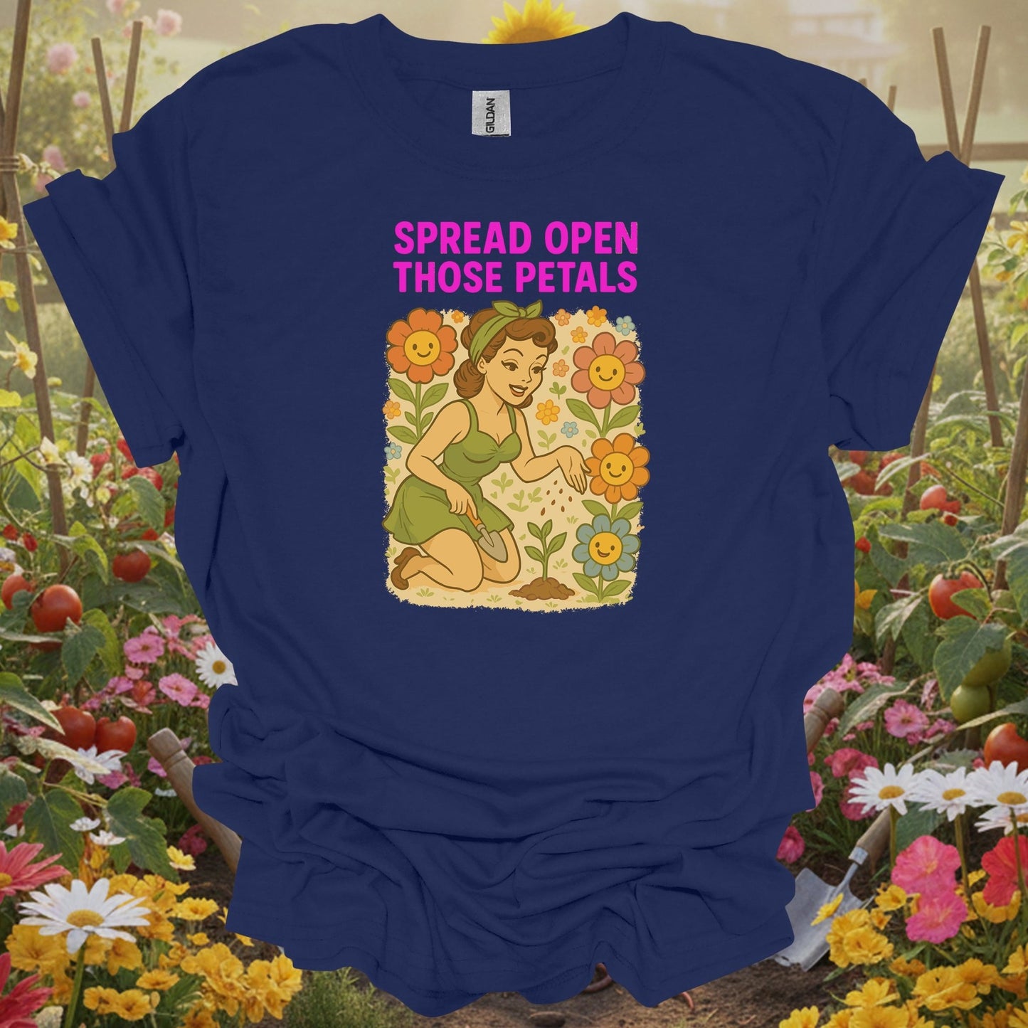 Spread Open Those Petals Vintage Pin - Up T-Shirt - GardeningTshirts