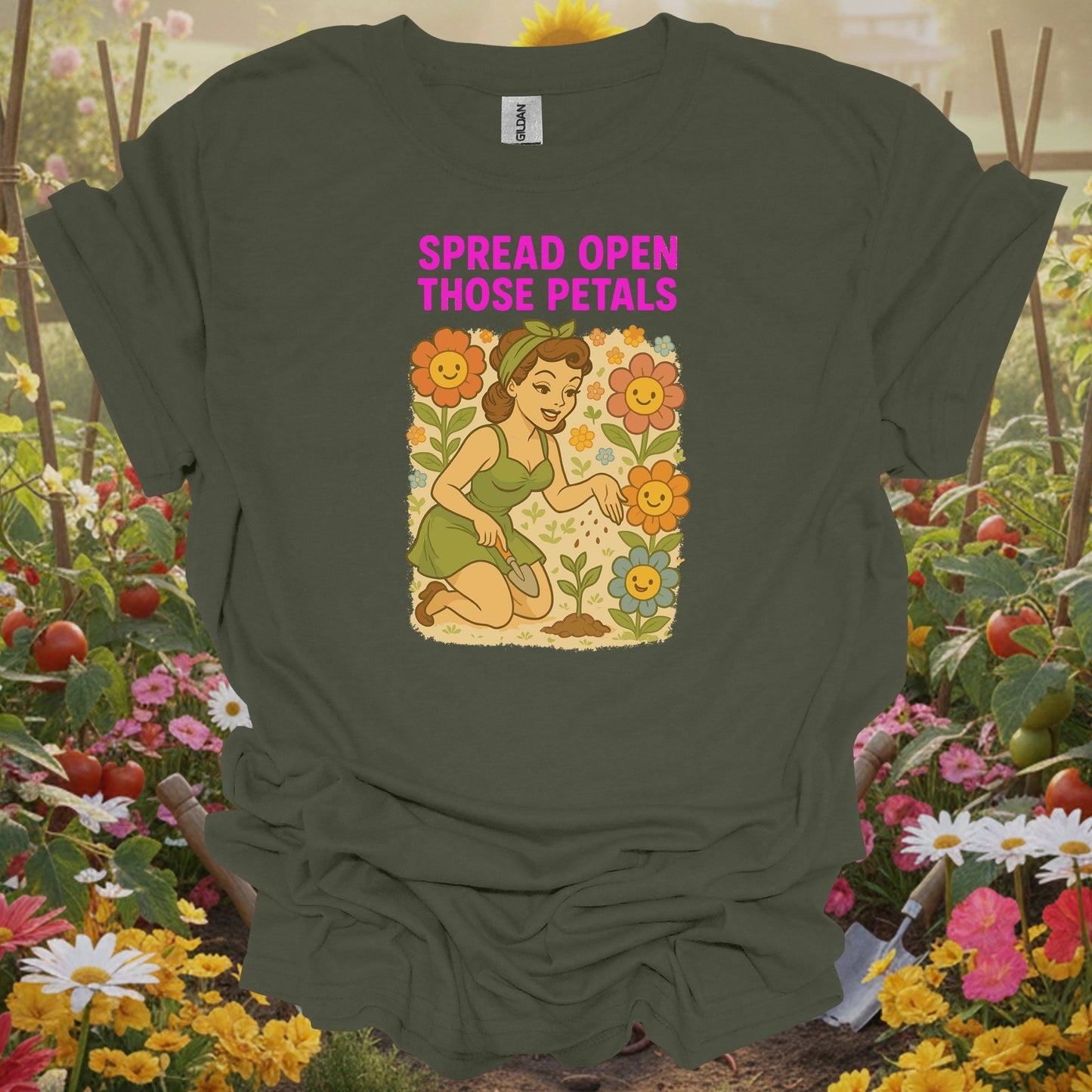 Spread Open Those Petals Vintage Pin - Up T-Shirt - GardeningTshirts