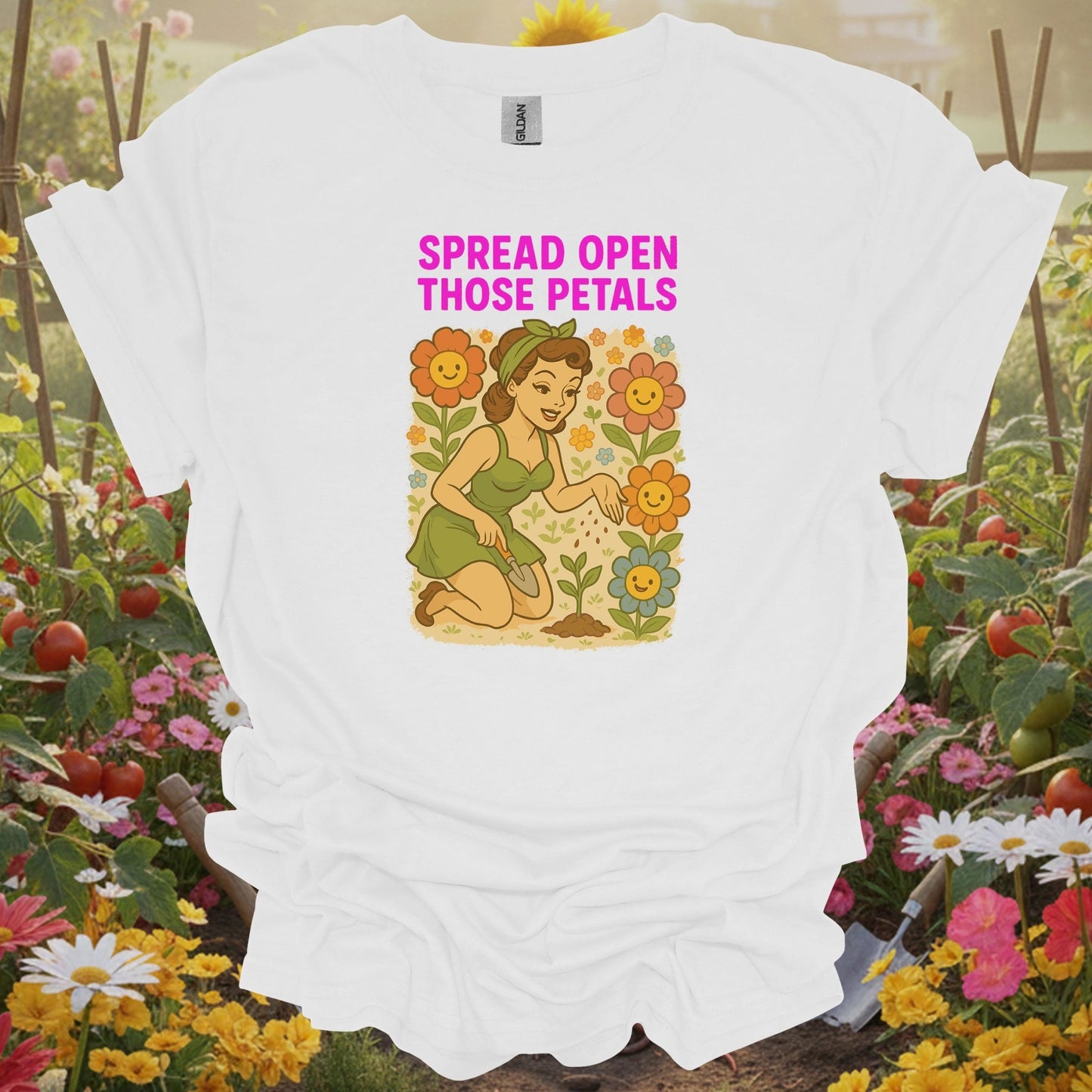 Spread Open Those Petals Vintage Pin - Up T-Shirt - GardeningTshirts