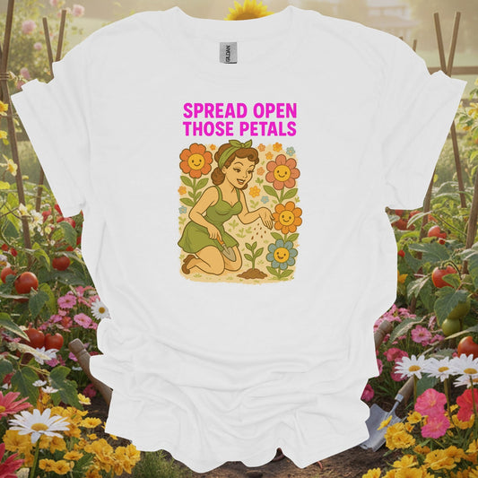 White shirt featuring a nostalgic petal pusher design on a classic tee for anyone who finds joy in their sanctuary.
